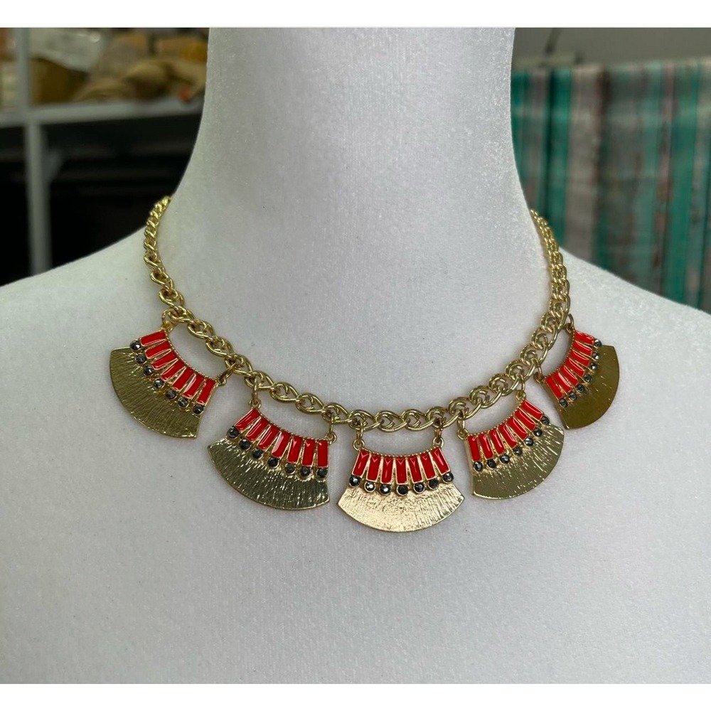Gold‎ Tone Red Enamel Fan Bib Statement Necklace Chunky Curb Chain Adjustable